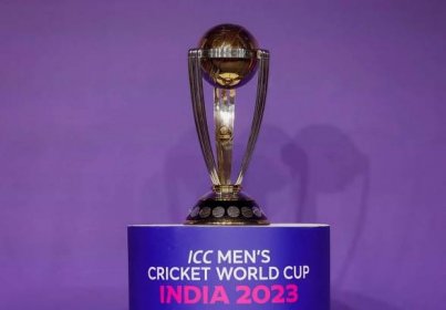 A general view of the trophy of the upcoming ICC Men's Cricket World Cup at a press conference in Mumbai