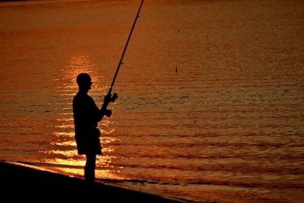 pláž, západ slunce, rybář, houpačka, voda, rybářský prut, Dawn, jezero, večer, muž