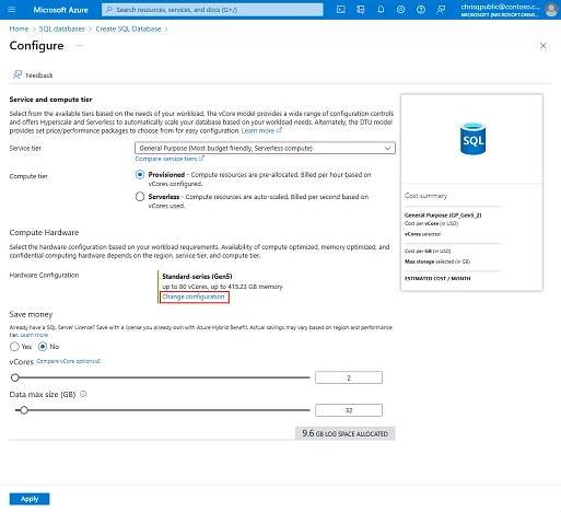 Screenshot of the Azure portal Create SQL Database deployment, on the Configure page. The Change configuration button is highlighted.