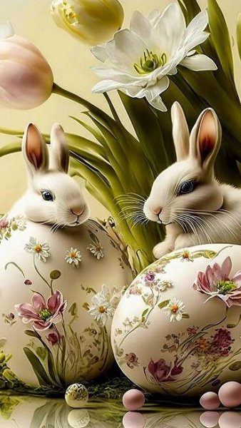 two white rabbits sitting next to each other in front of some eggs with flowers on them