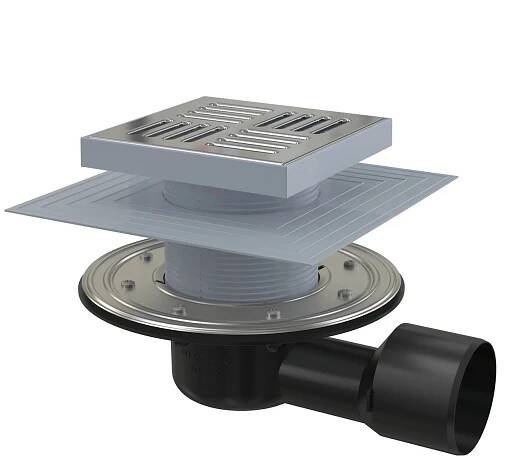 Alcadrain Podlahová vpust 150x150/50/75 mm boční, mřížka nerez