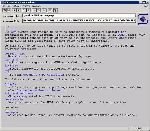 The WWW technical details page in Mosaic 1.0