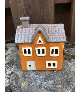Hnědý keramický svícen domek 13 cm