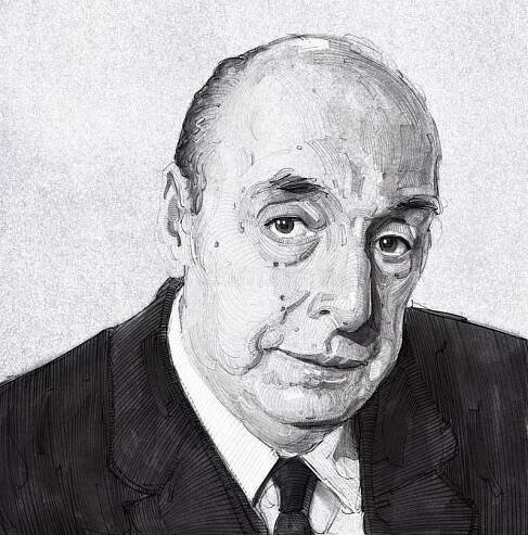 Pablo Neruda watercolor and ink illustration portrait stock images.