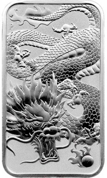 Přední strana Stříbrná investiční mince Rectangular Dragon 1 Oz 2022