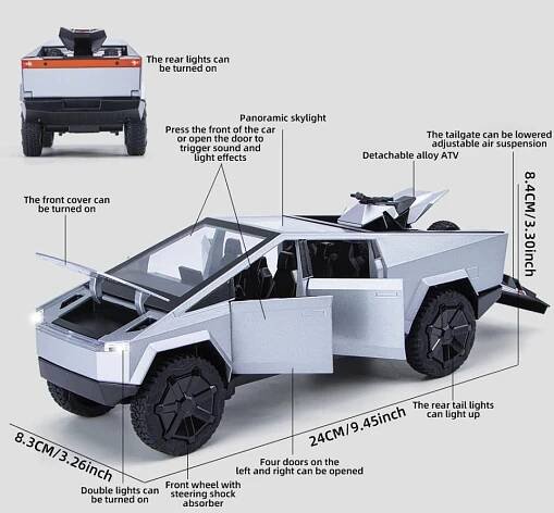 XinHaodi Tesla Cybertruck kovový model 1:24, Hračka se zvukem, světly pro děti od 6 let, Model Tesly