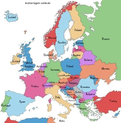 Free Political Map of Europe including a list of european countries and its capitals
