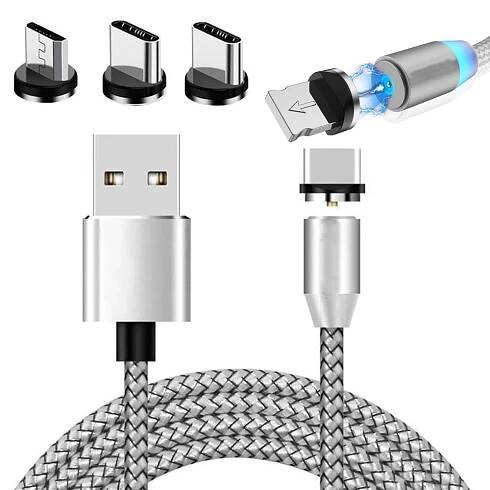 Magnetický USB nabíjecí kabel 3v1 - stříbrný