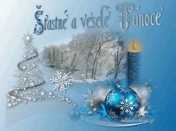 a blue christmas card with a candle and snowflakes on the bottom, in front of a snowy landscape