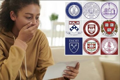 comp of teen reading an acceptance letter and a mashup of ivy league schools