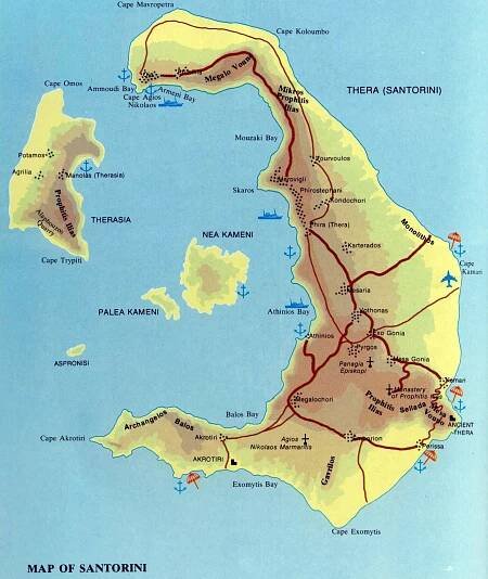 Santorini mapa ostrova (letoviska, pláže, památky, výlety, hotely)