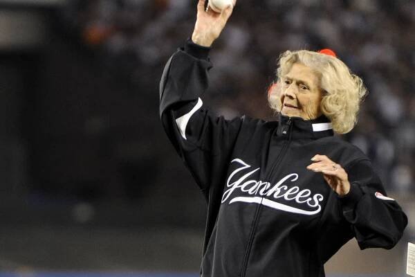 Julia Ruth Stevens throws out the first pitch of a game in 2008.