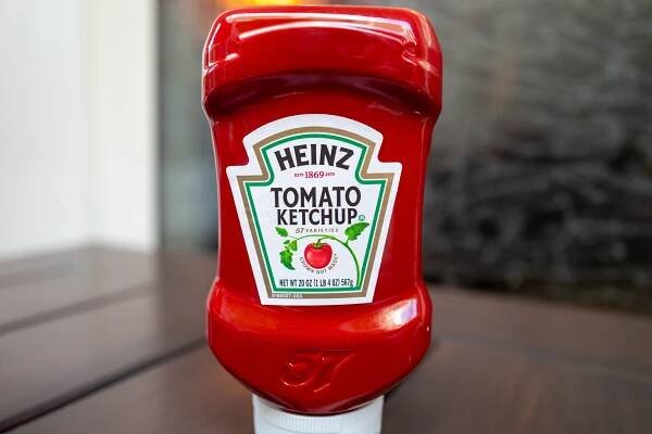 Close-up of a Heinz ketchup bottle.