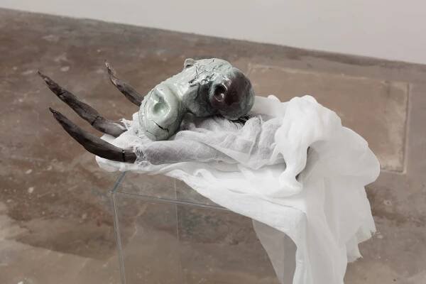 Claw with Offering, 2014, Clay, steel, muslin, resin, gourd, plexiglass, 120 cm x 30 cm x 48 cm, 47.2 x 11.8 x 18.8 ins. ‘FRACKING’
, José Rojas