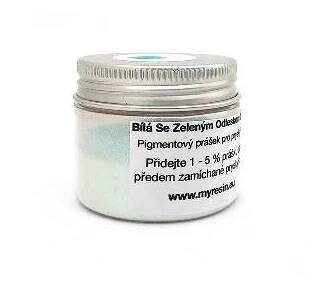 METALICKÝ PIGMENT MYRESIN - BÍLÁ SE ZELENÝM ODLESKEM 20 g (Bílá Se Zeleným Odleskem je pigmentový prášek do pryskyřice. Přidejte 1 - 5% prášku do předem zamíchané pryskyřice.)