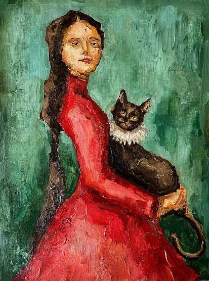 Woman with Cat Artwork Portrait Semi Abstract Original Art Oil Painting Woman Contemporary Portrait by DiyaSanat