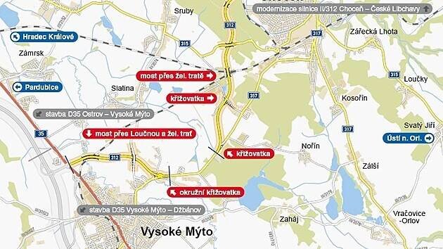 Situační mapka přivaděče na D35 u Vysokého Mýta