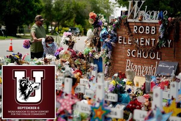 Retired teachers Raul Noyola and Ofelia Noyola visit a memorial honoring the school shooting victims at Robb Elementary, Tuesday, July 12, 2022, in Uvalde, Texas.