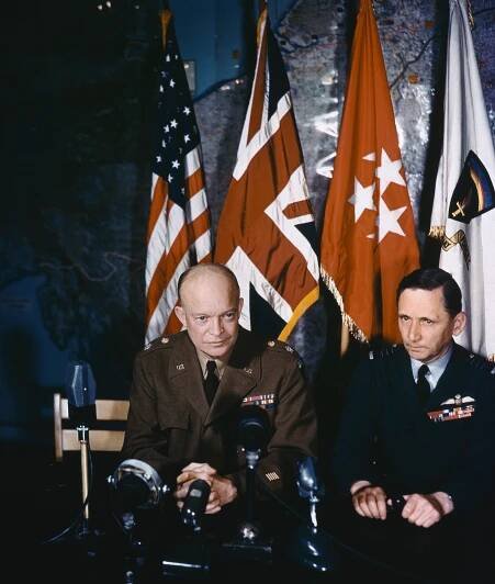 General Eisenhower with Air Chief Marshal Sir Arthur Tedder of the RAF shortly after the German surrender signing ceremony at Reims