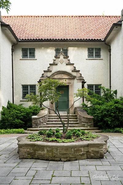 Adamson Estate Exterior Entrance Decorative Stairs Arch Fountain Planter Tree