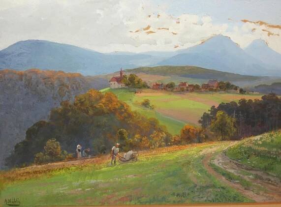 Obraz pohled na Dubický kostel sig.Albert Ernst Muhlig 1862- 1930 - Umění