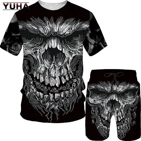 Letní lebka s potiskem 3D pánské tričko Tepláková souprava Ležérní Krátký rukáv Pánské oblečení Set Streetwear Hip Hop O-výstřih Oversized Cloth