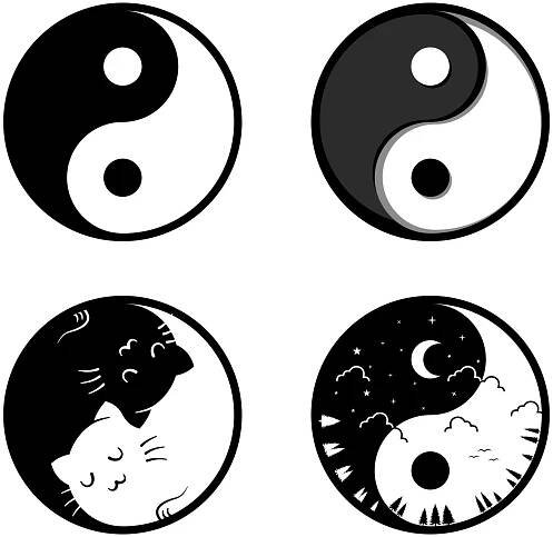 Yin Yang set 4 styles. Sun, Moon, Light, Night, Cat, Black and White vector