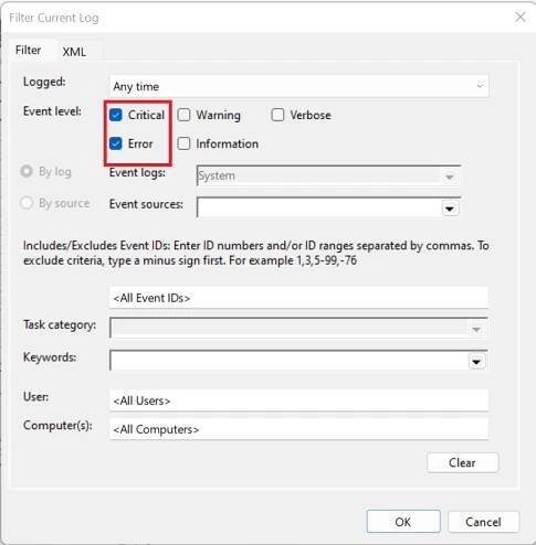 Check the boxes with the tags  Critical  and  Error