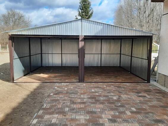 Plechová dvougaráž 6x6m se sedlovou střechou barva pozink - Profi-stahl