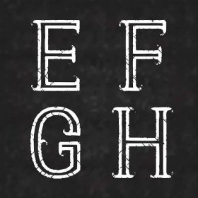 E, F, G, H bílá písmena ošuntělé barvy na černém mramorovém povrchu. Písmo osnovy s trhlinami. Zadejte styl grunge. — Ilustrace