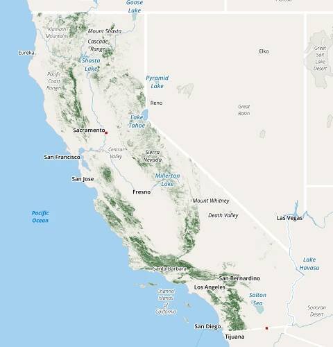A grayscale map with dark green overlay showing where chaparral vegetation occurs in California.