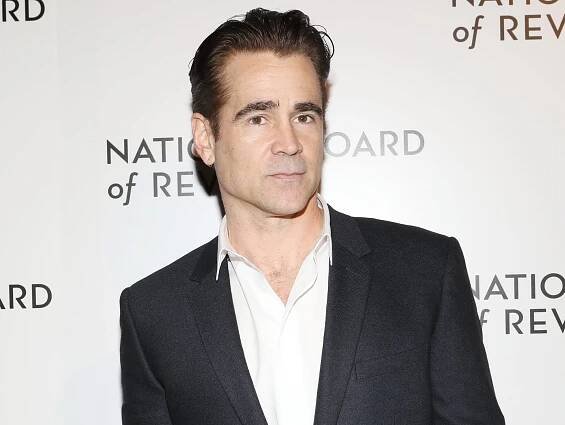 Colin Farrell in a black suit jacket and white shirt