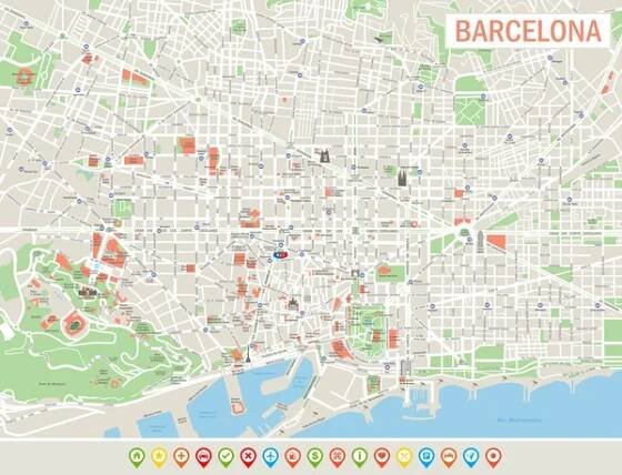 Barcelona mapy a navigační ikony. — Ilustrace