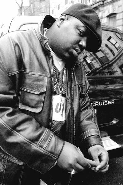 Rapper Notorious B.I.G., aka Biggie Smalls, aka Chris Wallace outside his mother's house in Brooklyn.