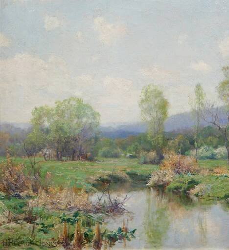 Hugh Bolton Jones, American Hudson River School Painter, Springtime Reflections, Oil on Canvas 