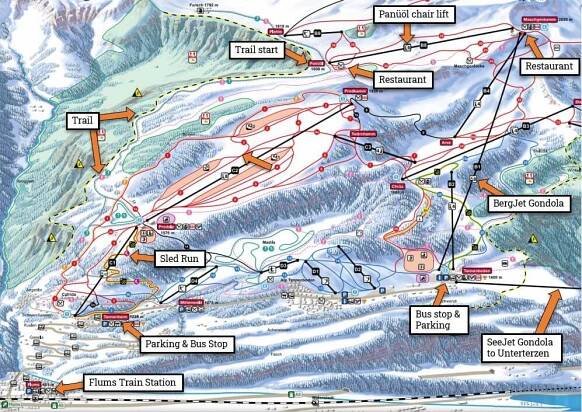 map of flumserberg mountain resort with lines showing the different trails
