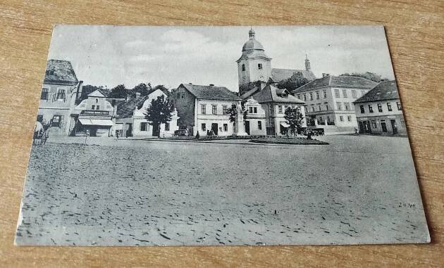 Dobrovice, náměstí, náklad Růžička, knihař, Mladá Boleslav
