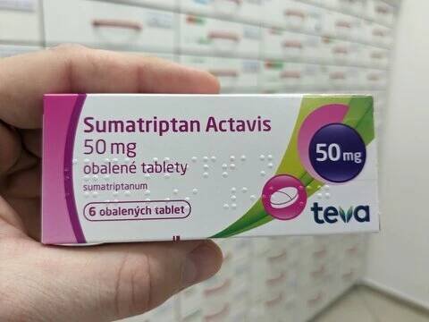 Prague,Czech republic–January 16 2024:Pharmacy store-Sumatriptan ACTAVIS pills for treatment of migraine and  head aches