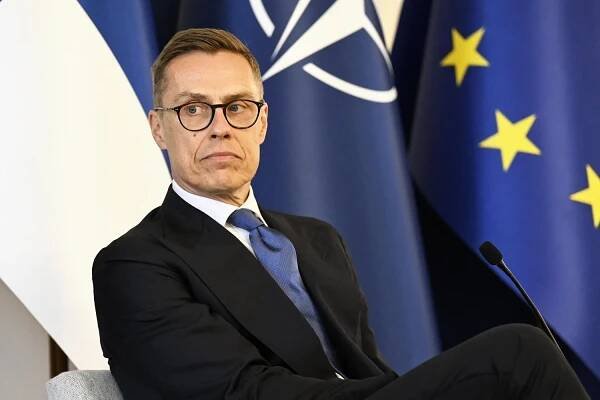 Finnish President Alexander Stubb attends a moderated discussion with the NATO secretary-general at the presidential palace in Helsinki.