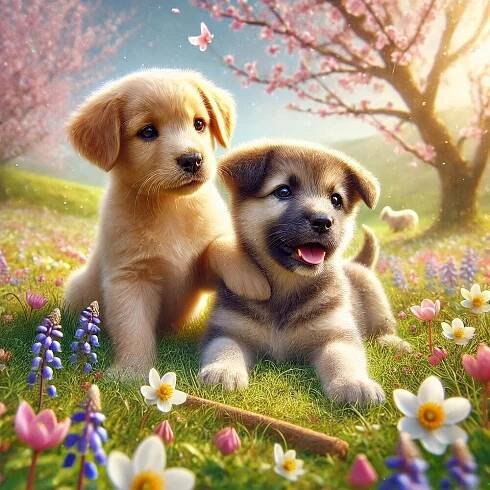 Two puppies playing together on a spring meadow. Hyper-Realistic style