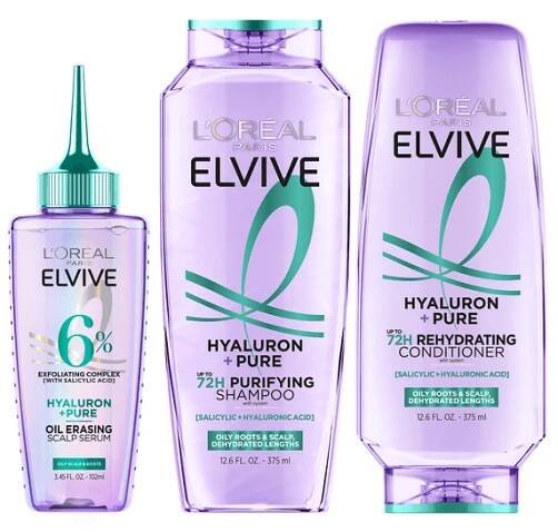 L'Oreal Paris Elvive Hyaluron Pure Shampoo, Conditioner, and Serum Set for Oily Hair, 13.5 fl oz