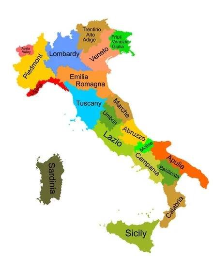 Colorful map of Italy vector silhouette illustration isolated on white background. Autonomous communities of Italy. Detailed Italian regions administrative divisions, separated provinces. outline map. — Ilustrace