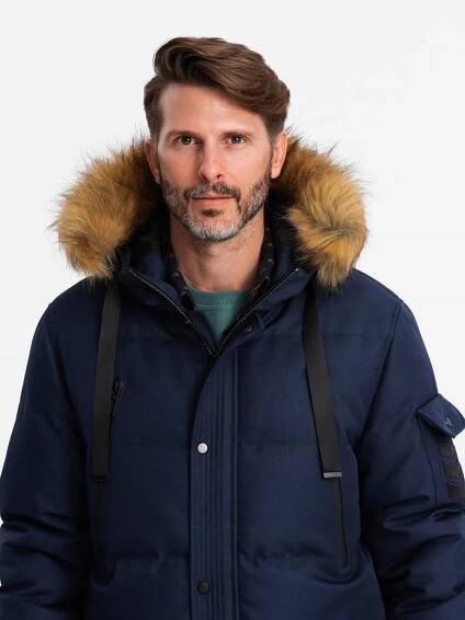 Ombre Clothing Pánská dlouhá teplá bunda parka s kapucí - tmavě modrá V1 OM-JALJ-0182