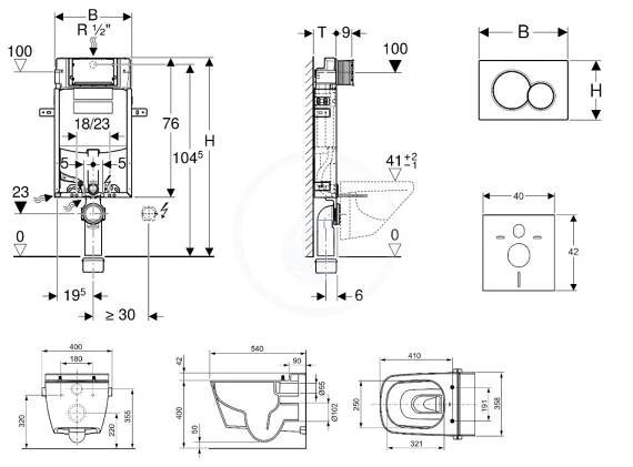 Geberit Kombifix Set předstěnové instalace, sprchovací toalety a sedátka Tece, tlačítka Sigma01, Rimless, SoftClose, alpská