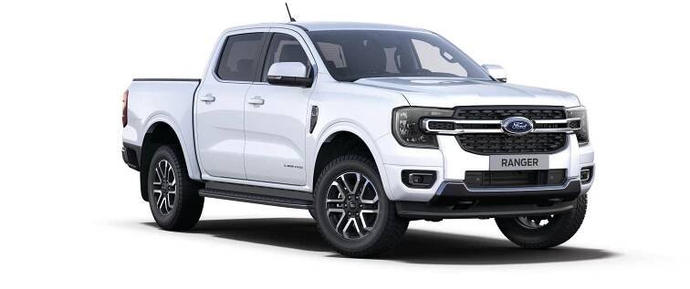 3/4 přední pohled na Ford Ranger Limited v barvě bílá Frozen