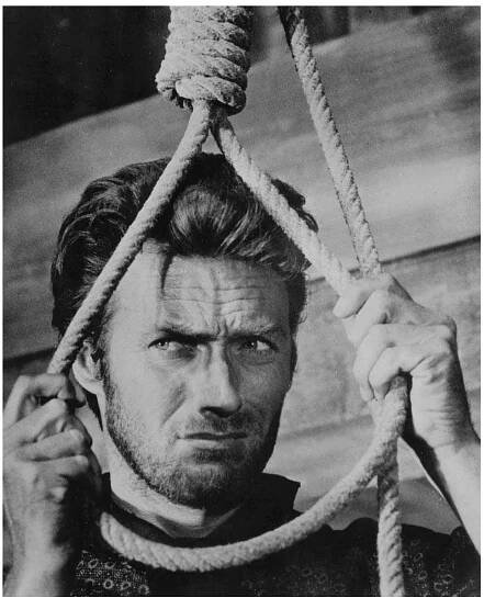 Blondy (Clint Eastwood) finds his head in a noose in Santa Fe; Sergio Leone’s The Good, the Bad and the Ugly (1966).  prequel to the earlier films, as he metamorphoses into the bitter, ruthless stranger. In Eastwood’s opening scene, he plays the good samaritan, saving Tuco from three bounty-hunters. Eastwood smiles, quips and has less of the nihilistic killing- machine brutality of earlier incarnations (though he has the same snake grips on his pistol). The con trick Blondy and Tuco concoct, with Blondy turning Tuco over to the authorities, is well handled. As Tuco is about to serve the spaghetti-western 