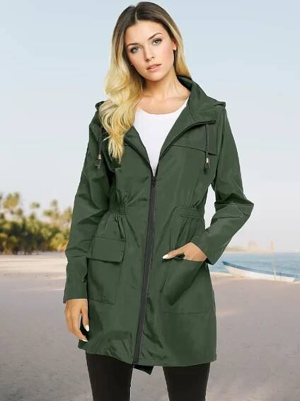 womens lightweight hooded rain jacket casual outdoor jacket with drawstring hood zippered pockets solid   for   raincoat for women Product details 6