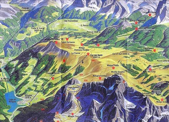 Mapa Alleghe - Col de Baldi - Lago Coldai (lze zvětšit rozkliknutím)