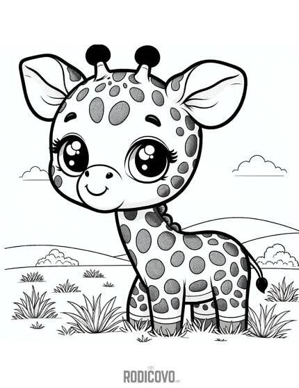 a cartoon giraffe with big eyes standing in the grass