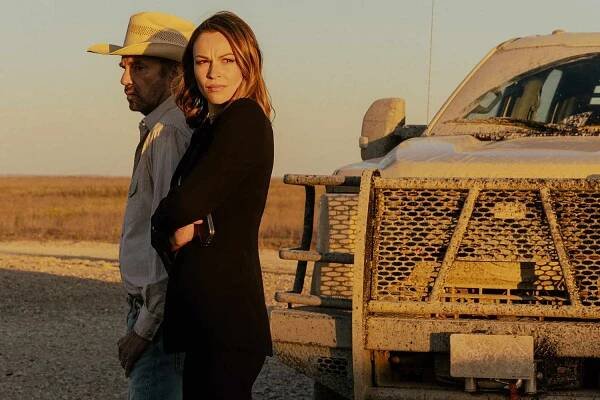 Billy Bob Thornton as Tommy Norris and Kayla Wallace as Rebecca Falcone in season 1, episode 2 of Landman streaming on Paramount+